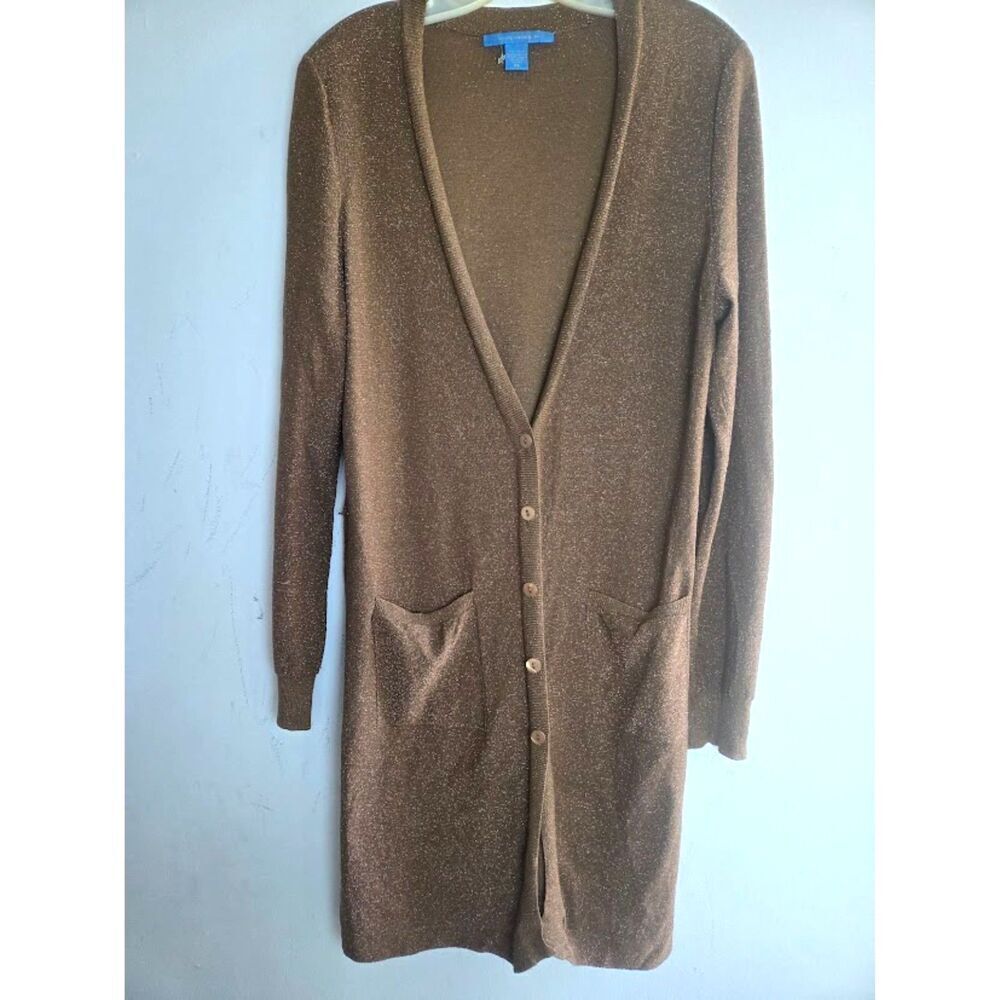 White +Warren Brown Metallic Silk Blend Button Down Tunic Cardigan Sweater XL